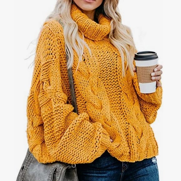Womens Turtleneck High Neck Balloon Long Sleeve Sweaters Winter Fall yellow - Picture 3 of 3